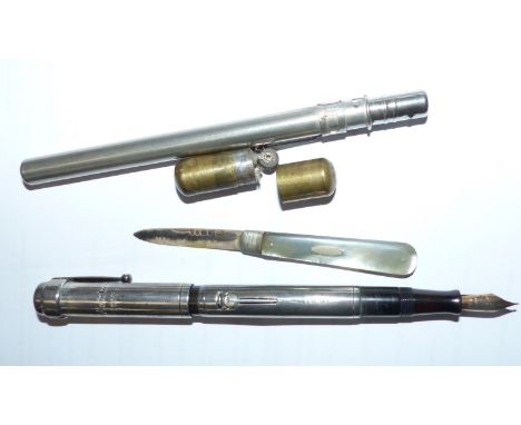 A Watermans Ideal fountain pen, silver cased; a fruit knife with silver blade; a pocket thermometer and a brass lighter