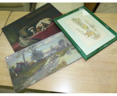 An oil on canvas of two dogs, another country scene by G.M. Jones and a print