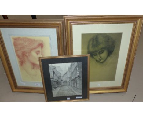 2 modern sketches after Burne Jones; a print ''Memory Lane'' framed and glazed