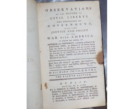 PRICE (R) - Observations on the Nature of Civil Liberty 8th edition, Dublin 1776; Proceedings of the Second General Peace Con