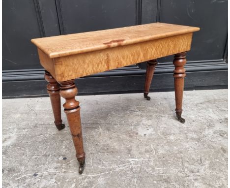 An unusual solid bird's eye maple and mahogany stool, 69cm wide. 