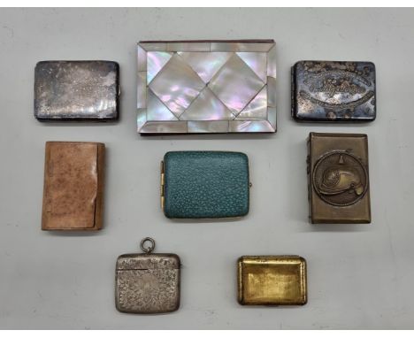 A collection of boxes and cases,&nbsp;to include: a mother-of-pearl card case; matchbook cases; a snuff box; vesta, etc. (8) 