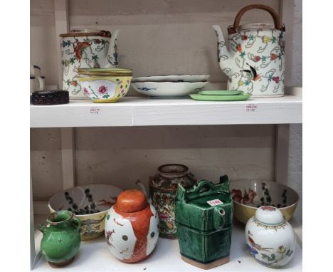 A collection of Chinese and Japanese ceramics and works of art,&nbsp;to include Canton enamel. (two shelves) 