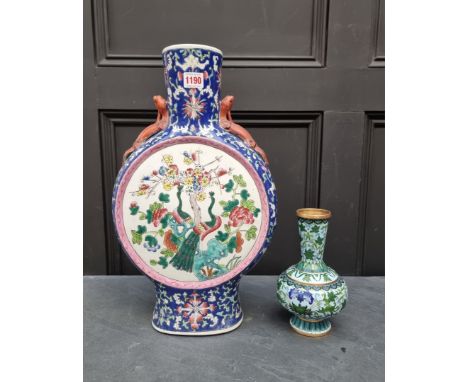 A large Chinese famille rose twin handled moon flask,&nbsp;47cm high, (hairline cracks); together with a cloisonne enamel vas