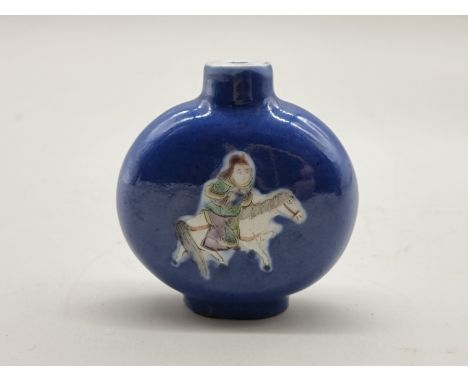 A Chinese Kangxi style powder blue famille verte small moon flask or large snuff bottle,&nbsp;8cm high. 