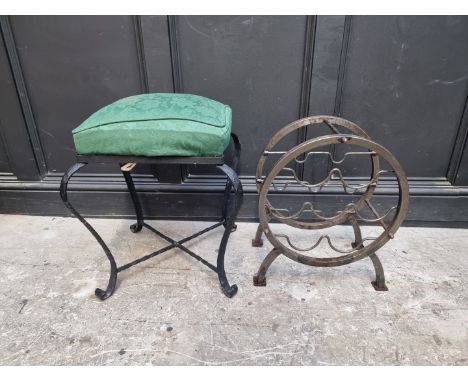 A wrought iron and upholstered stool; together with a small steel wine rack, 41cm wide. (2) 