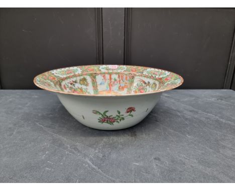 A large Chinese Canton enamel basin or bowl,&nbsp;19th century, 40cm diameter, (riveted). 