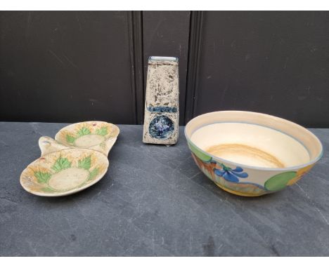 A Troika vase,&nbsp;16.5cm high; together with a Clarice Cliff bowl, 19cm diameter; and one other. (3) 