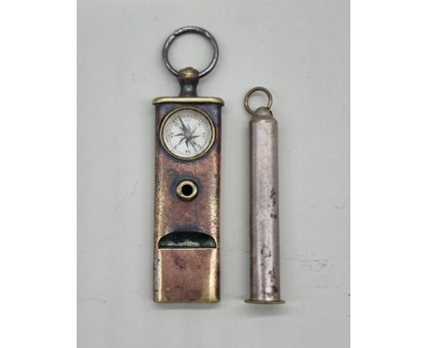 A vintage combined whistle and compass;&nbsp;together with a plated metal folding pipe tool, inscribed 'Aomiam'. (2) 