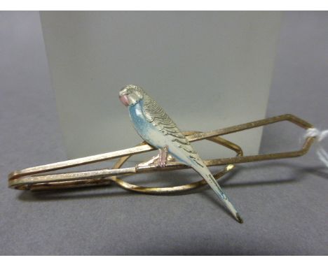 Vintage Tie Slide mounted with an enamel budgie