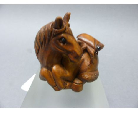 Signed Wood Netsuke of a Horse and Cicada