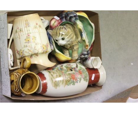 A Quantity of Mixed Ceramics including Sylvac Fruit Bowl, Japanese style Vase, Crown Fieldings Jug, Ceramic Cat, Three Items 