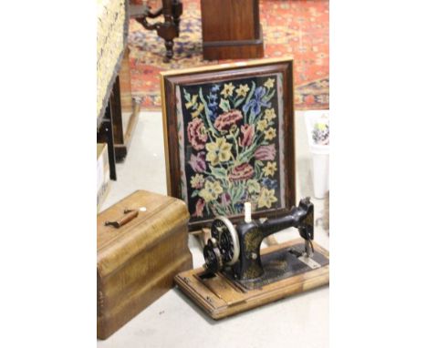 A Cased Vintage Jones Sewing Machine plus  Fire screen
