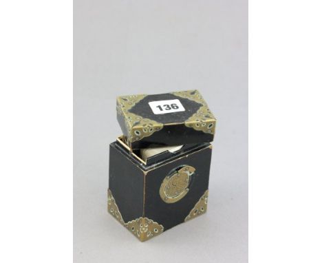 An Oriental Black Lacquered Two Compartment Playing Card Box with brass mounts 