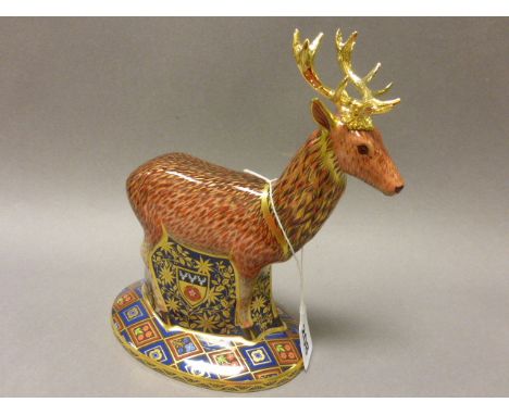 A Boxed Royal Crown Derby Paperweight with gold stopper Heraldic Derbyshire Stag Limited Edition No 386 of 950 with certifica