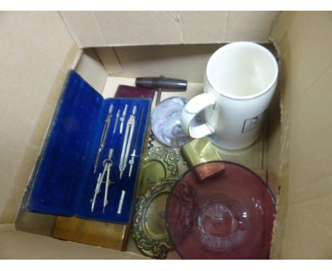 A Box of Miscellaneous Items including a miniature brass tea caddy