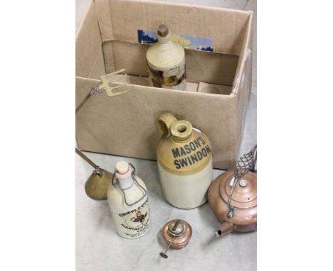 A Mason's Swindon Stoneware Jar, Three Stoneware Bottles, Copper Kettle, Free Standing Angle-Poise Brass Toasting Fork and a 
