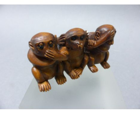 Signed Wood Netsuke of the Three Wise Monkeys