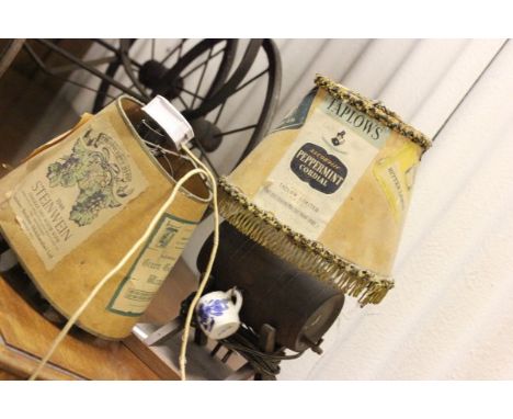 Two Vintage Wooden Barrel Lamps and Shades 