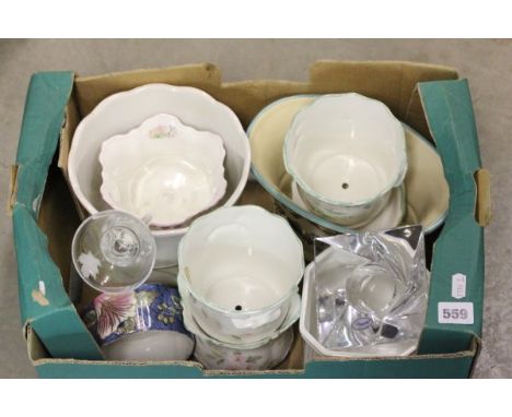 Two Royal Winton Planters, Five Other Planters, Trinket Box, Glass Tall Candlestick and Crystal Glass Candlestick