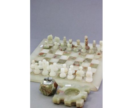 Onyx Chess Set with Onyx Chess Board plus Onyx Ashtray and Lighter