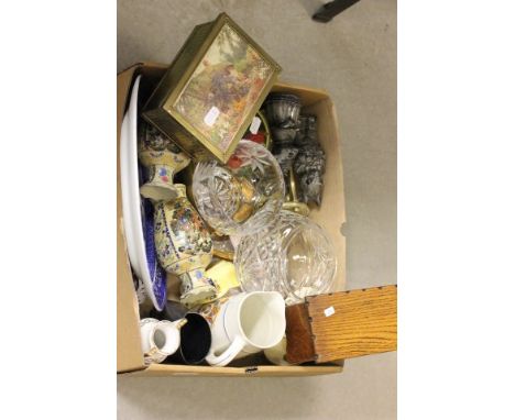 A Miniature Oak Coffer and a Vintage Tea Caddy with cottage decoration to lid plus a Quantity of Sundries to include Mouse Fi
