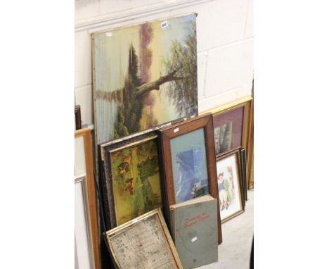 A Sampler, Framed Lake Scene Oil, Oilegraph, Oil on Canvas and Lift Drawing Book 