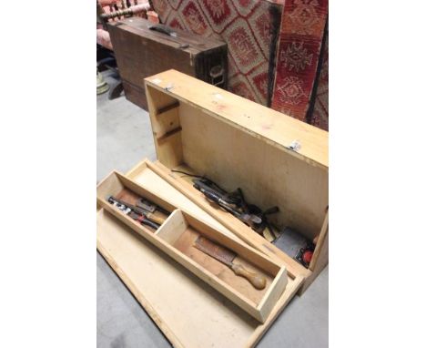 Two Wooden Tool Chests and some tools, one with internal drawers