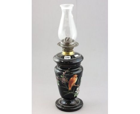 Victorian Oil Lamp with Black Glass Base painted with Bird 