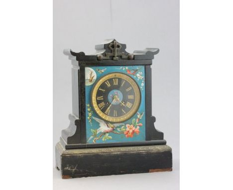 19th century Aesthetic Movement Slate Mantle Clock decorated with Cloisonne panels depicting birds and panels of sailing boat