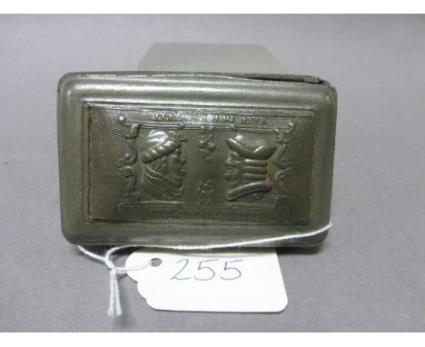 Pewter Snuff Box with relief decoration of married couple, the inscription reading 'Before and After Marriage'