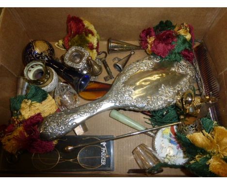 A Silver Backed Dressing Brush, Pair of Spectacles, Dressing Comb, Angel Candle Snuffer, Chamberstick etc 