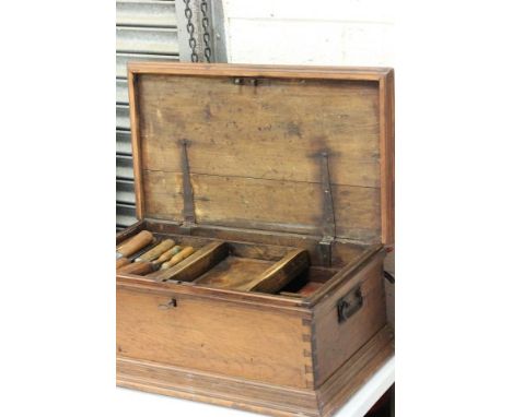 A Fitted Vintage Pine Tool Chest with chisels