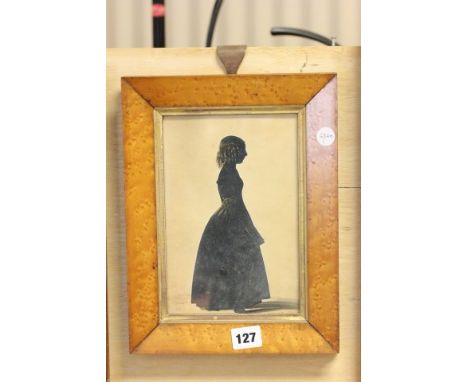 A Maple Framed and Glazed 19th century Full Length Silhouette Portrait of a Lady with blindstamp 'Taken at the Hubard' Galler