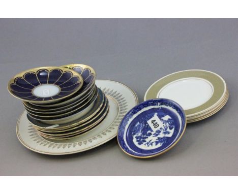Four Royal Doulton 'Antique Cold' Tea Plates, 6 Aynsley Blue / Gold Tea Plates, 6 Epiag Cobalt / Gold Saucers, Wedgwood Sauce