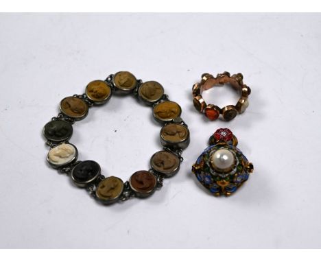 A Victorian enamel and pearl part-vinaigrette pendant to/w Victorian volcanic lava cameo bracelet and ring (3)Vinaigrette bac