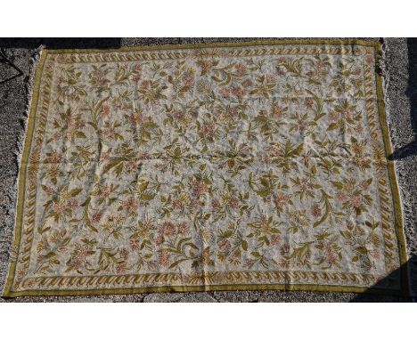 A vintage Indian Kashmiri crewel stitch floral design carpet, 310 x 215 cm&nbsp;- dirty surface, ends ok, sides showing small