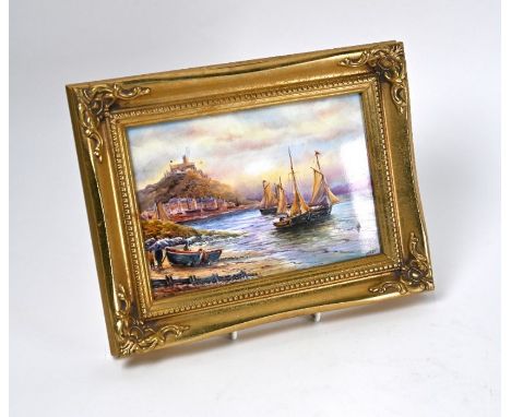 Nigel Creed (Royal Worcester artist) - A gilt-framed china plaque, painted with a coastal landscape, signed, presentation ins