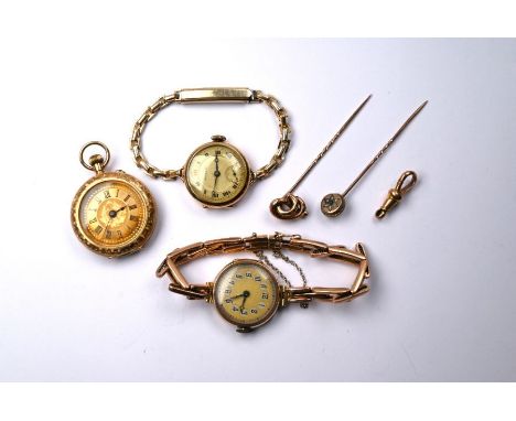 A Continental 14k fob watch with top-wind movement and engraved case with gilt dial, to/w two lady's vintage 9ct gold wristwa