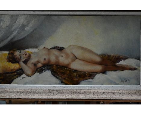 R Trurreau - A reclining nude, oil on canvas, signed lower right, 48 x 99 cm