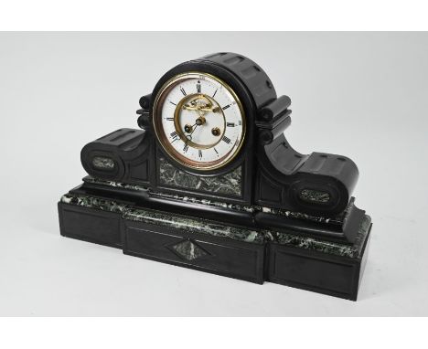 A Victorian slate and green veined marble mantel clock, with 8-day two train French movement, 50 cm w x 31 cm h