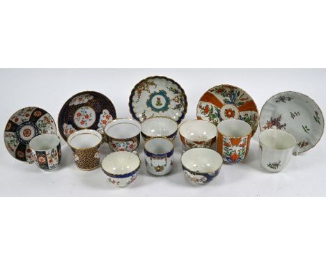 A First Period Worcester floral-painted tea cup, coffee cup and saucer to/w two other coffee cups and saucers, and two other 
