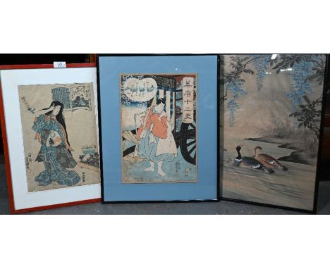 Two Japanese woodblock ukiyo-e prints, oban tate-e, ink and colour on paper, Utagawa Kunnisada (Yoyokuni III) 'Woman holding 