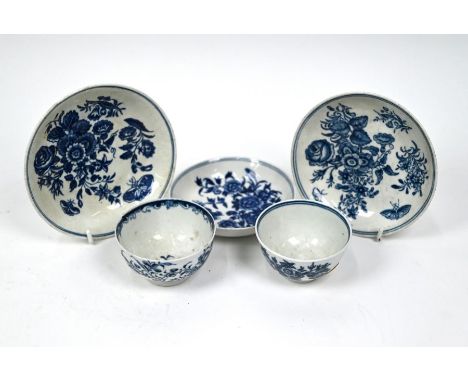 Three First Period Worcester blue and white floral-printed saucers to/w two tea-bowls (one floral-painted) (5)