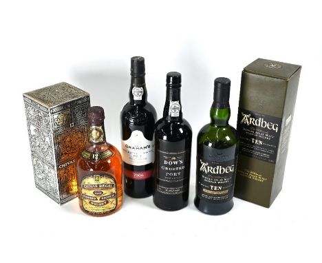 A single bottle of Ardbeg Single Malt Whisky to/w a bottle of Chivas Regal - both boxed - to/w two bottles of port - Daws Cru