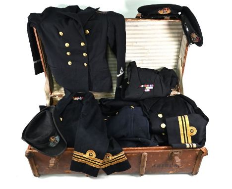 A quantity of vintage Naval officer's uniform, comprising four jackets and trousers, two evening dress short jackets with wai