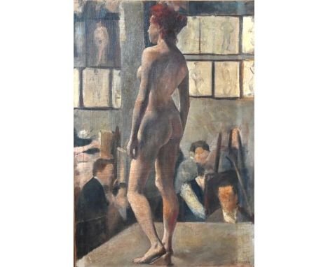 B Duvivier - The art class, female nude study, oil on canvas, signed lower right, 81 x 55 cm
