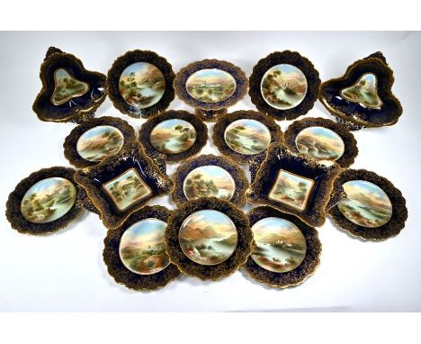 A late Victorian Paragon China Company fruit service, painted with Scottish scenes including Balmoral, signed R A Keeling; wi