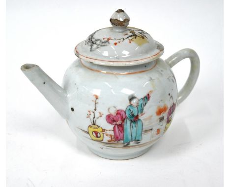 An 18th century Chinese export famille rose teapot and cover painted with figures in a garden landscape setting, Qianlong per