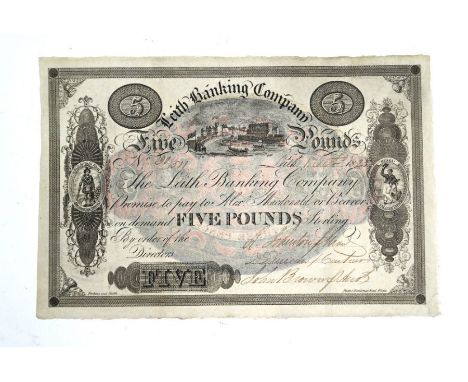 Banknote - Leith Banking Company, Five Pounds, 1st October 1825
Note - vignette illustration the Landing of George IV on the 